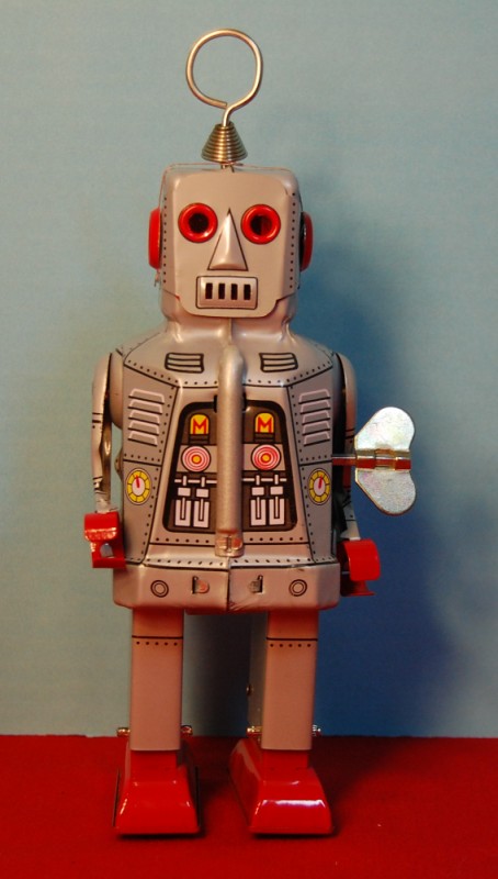 SPARKY ROBOT SPACE TOY MECHANICAL WINDUP TIN TOY SILVER 