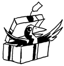 Drawing of a crow popping out of a wrapped present.